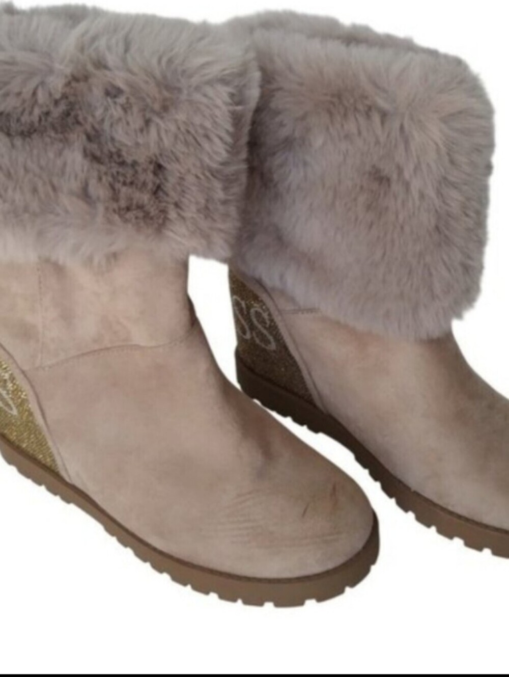 Guess Women's Beige Fur-Trimmed Wedge Boots with Gold Accents 9.5 - Picture 4 of 4